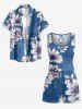 Flower Leaf Print Hawaii Drawstring Pocket Romper - Bleu 1X
