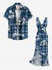 Flower Leaf Plaid Print Hawaii Ruffles Split Dress - Bleu S