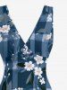Flower Leaf Plaid Print Hawaii Ruffles Split Dress - Bleu S