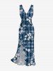 Flower Leaf Plaid Print Hawaii Ruffles Split Dress - Bleu S