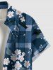 Plus Size Flower Leaf Plaid Print Hawaii Button Pocket Shirt For Men - Bleu 3XL