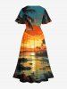 Coconut Tree Sun Cloud Seascape Print Split Hawaii Midi Dress - Orange L