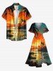 Coconut Tree Sun Cloud Seascape Print Split Hawaii Midi Dress - Orange L