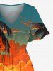 Coconut Tree Sun Cloud Seascape Print Split Hawaii Midi Dress - Orange L
