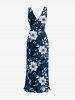 Flowers Leaf Print Hawaii Ruffles Split Surplice Dress - Cadetblue XL