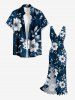Flowers Leaf Print Hawaii Ruffles Split Surplice Dress - Cadetblue XL