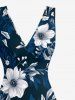 Flowers Leaf Print Hawaii Ruffles Split Surplice Dress - Cadetblue XL