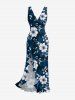 Flowers Leaf Print Hawaii Ruffles Split Surplice Dress - Cadetblue XL