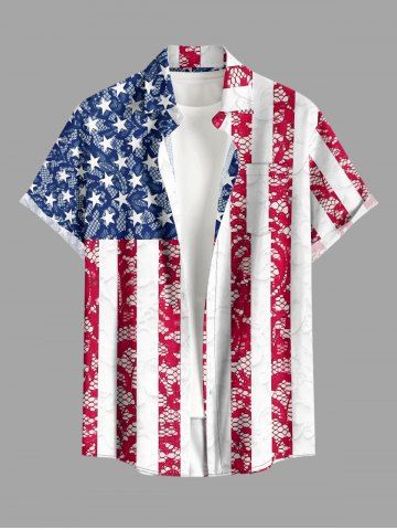 Plus Size Patriotic American Flag Floral Lace 3D Print Buttons Pocket Shirt For Men - RED - 6XL
