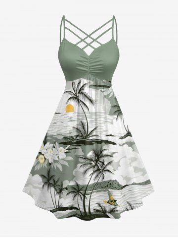 Plus Size Coconut Tree Flower Sun Print Ruched Lattice Crisscross Straps Hawaii Dress