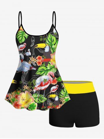 Plus Size Flamingo Tropical Flower Leaf Print Boyleg Hawaii Tankini Swimsuit - BLACK - S