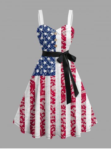 Plus Size Patriotic American Flag Floral Lace 3D Print Buttons Turn Down Collar Dress With A Belt - RED - 6X