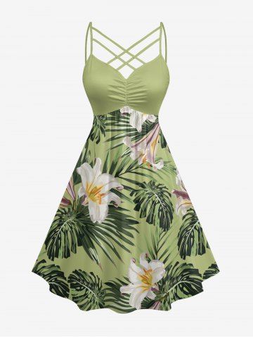 Plus Size Flowers Leaf Tropical Print Ruched Lattice Crisscross Straps Hawaii Dress - LIGHT GREEN - XXS
