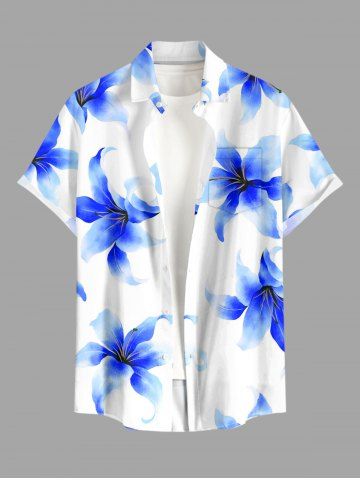 Plus Size Ombre Flowers Print Buttons Pocket Hawaii Shirt For Men - BLUE - 2XL