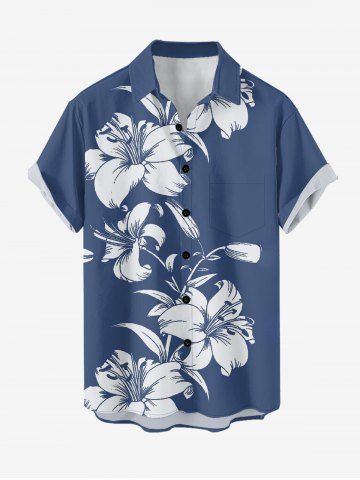 Plus Size Hibiscus Flower Leaf Print Buttons Pocket Hawaii Shirt For Men - BLUE - 5XL