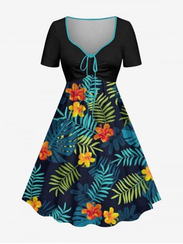 Plus Size Troipical Flower Leaf Print Cinched Hawaii Dress - BLACK - XXS