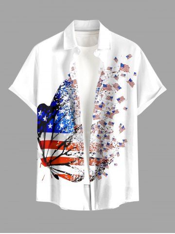 Plus Size Patriotic American Flag Butterfly Print Buttons Pocket Shirt For Men - WHITE - 6XL