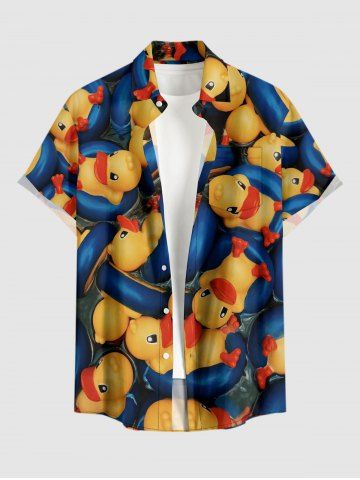 Plus Size Cute Duck Swimming Ring Print Hawaii Button Pocket Shirt For Men - BLUE - 4XL