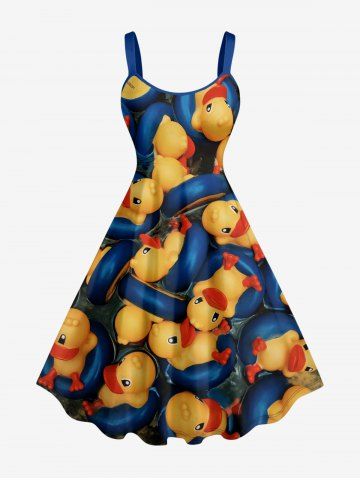 Plus Size Cute Duck Swimming Ring Print Hawaii A Line Dress - BLUE - 6X