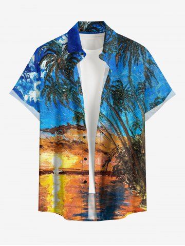 Plus Size Oil Painting Coconut Tree Seascape Cloud Print Buttons Pocket Hawaii Shirt For Men - BLUE - 2XL