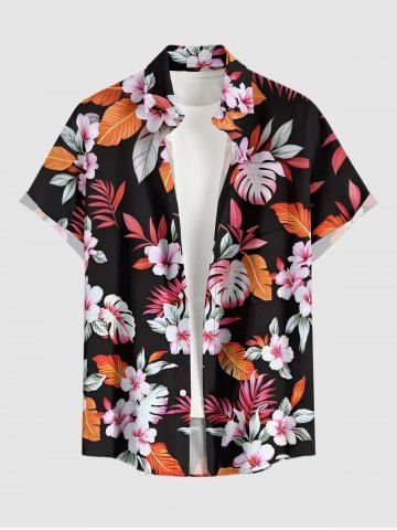 Plus Size Flowers Leaf Tropical Print Buttons Pocket Hawaii Shirt For Men - PINK - 4XL