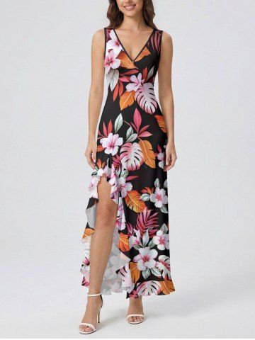 Flowers Leaf Tropical Print Hawaii Ruffles Split Surplice Dress - PINK - M