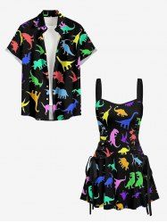 Colorful Dinosaur Print Matching Hawaii Beach Outfit For Couples - Noir 