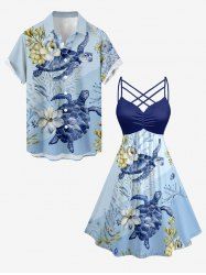 Flower Turtle Coral Print Matching Hawaii Sea Creatures Beach Outfit For Couples -  