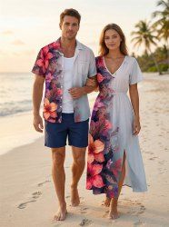 Flower Leaf Ombre Print Matching Hawaii Beach Outfit For Couples -  