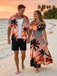 Coconut Tree Ombre Sky Print Matching Hawaii Beach Outfit For Couples -  