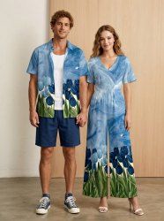 Tulip Flower Painting Print Matching Hawaii Beach Outfit For Couples -  