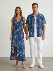 Leaf Flower Print Matching Hawaii Beach Outfit For Couples - Cadetblue 