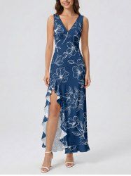 Leaf Flower Print Hawaii Ruffles Split Dress -  