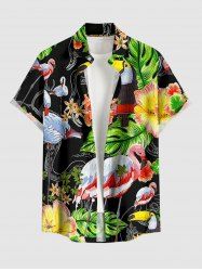 Plus Size Flamingo Tropical Flower Leaf Print Buttons Pocket Hawaii Shirt For Men -  