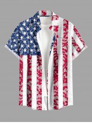 Plus Size Patriotic American Flag Floral Lace 3D Print Buttons Pocket Shirt For Men -  