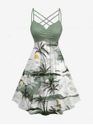 Plus Size Coconut Tree Flower Sun Print Ruched Lattice Crisscross Straps Hawaii Dress -  