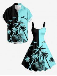 Coconut Tree Bird Colorblock Print Matching Hawaii Beach Outfit For Couples -  