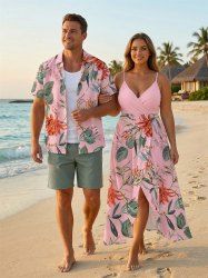 Flowers Leaf Print Matching Hawaii Beach Outfit For Couples -  