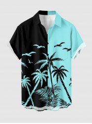 Coconut Tree Bird Colorblock Print Buttons Pocket Hawaii Shirt For Men -  
