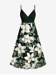 Flower Leaf Print Surplice Hawaii Cami Dress - Vert profond 1X