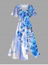 Flowers Leaf Paint Splatter Print Split Hawaii Midi Dress -  