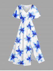 Ombre Flowers Print Split Hawaii Midi Dress - Bleu 4X