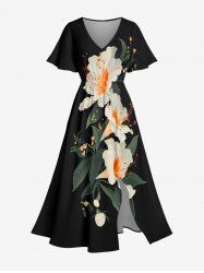 Plus Size Flowers Leaf Print Split Hawaii Midi Dress - Noir XXS
