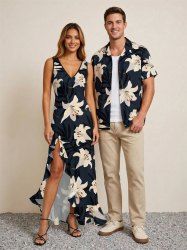 Hibiscus Flowers Tropical Leaf Print Matching Hawaii Beach Outfit For Couples -  