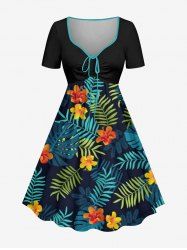 Plus Size Troipical Flower Leaf Print Cinched Hawaii Dress -  