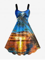 Plus Size Oil Painting Coconut Tree Seascape Cloud Print Hawaii Tank Dress -  