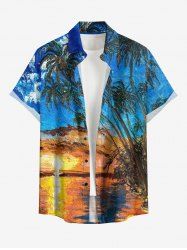 Plus Size Oil Painting Coconut Tree Seascape Cloud Print Buttons Pocket Hawaii Shirt For Men -  