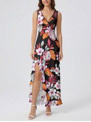 Flowers Leaf Tropical Print Hawaii Ruffles Split Surplice Dress - Rose  M