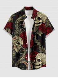 Skull Rose Flower Leaf Print Button Pocket Shirt For Men - Rouge foncé L