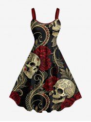 Skull Rose Flower Leaf Print A Line Dress - Rouge foncé 6X